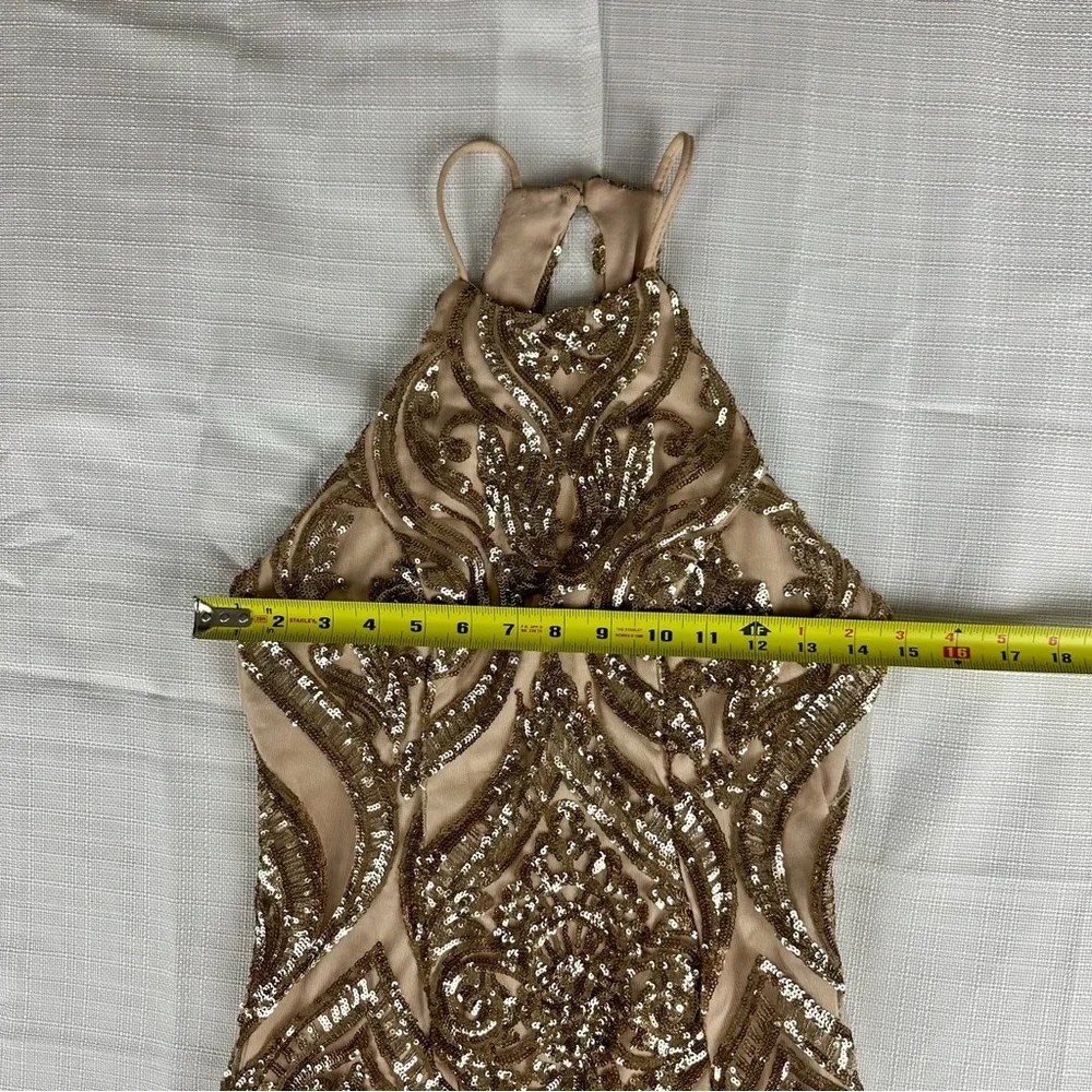 CAMILLE LA VIE Elegant Sequin Halter Tie Back Column Dress Gold
